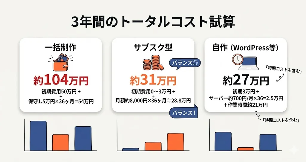 ホームページ制作の3年間TCOシミュレーション比較