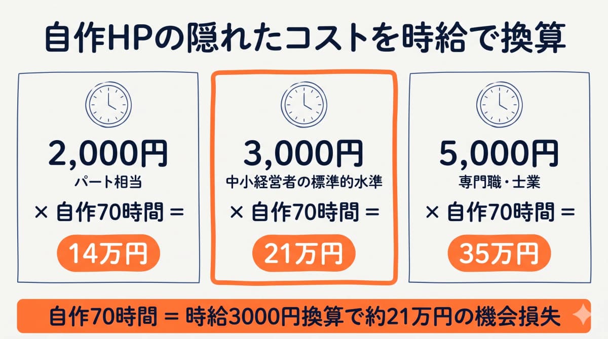 ホームページ自作の隠れたコスト計算図解