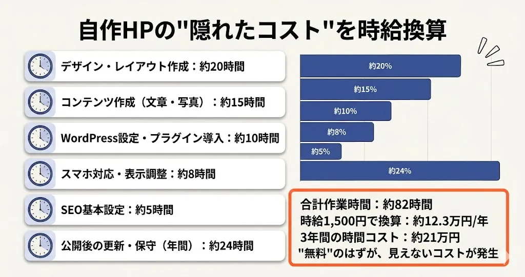 ホームページ自作の隠れたコスト計算図解