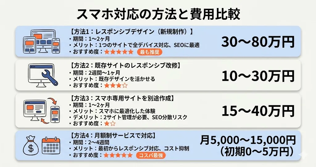 ホームページのスマホ対応(レスポンシブ)方法の比較