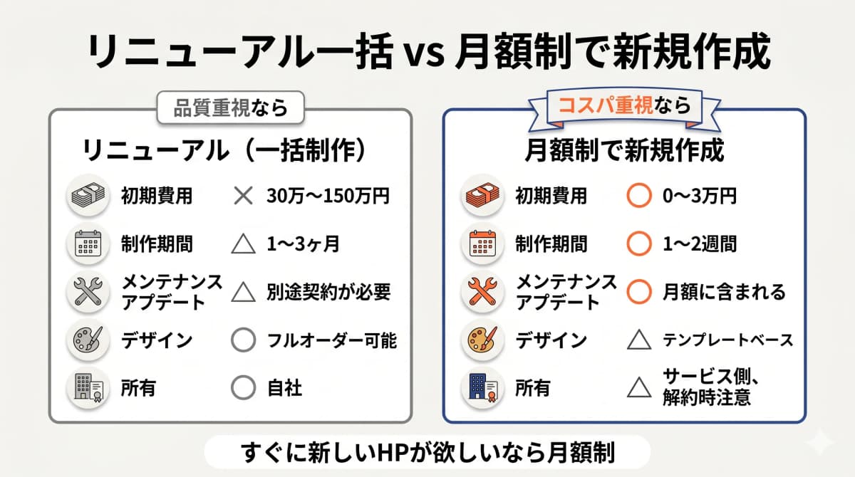 リニューアル一括 vs 月額制で新規作成 比較