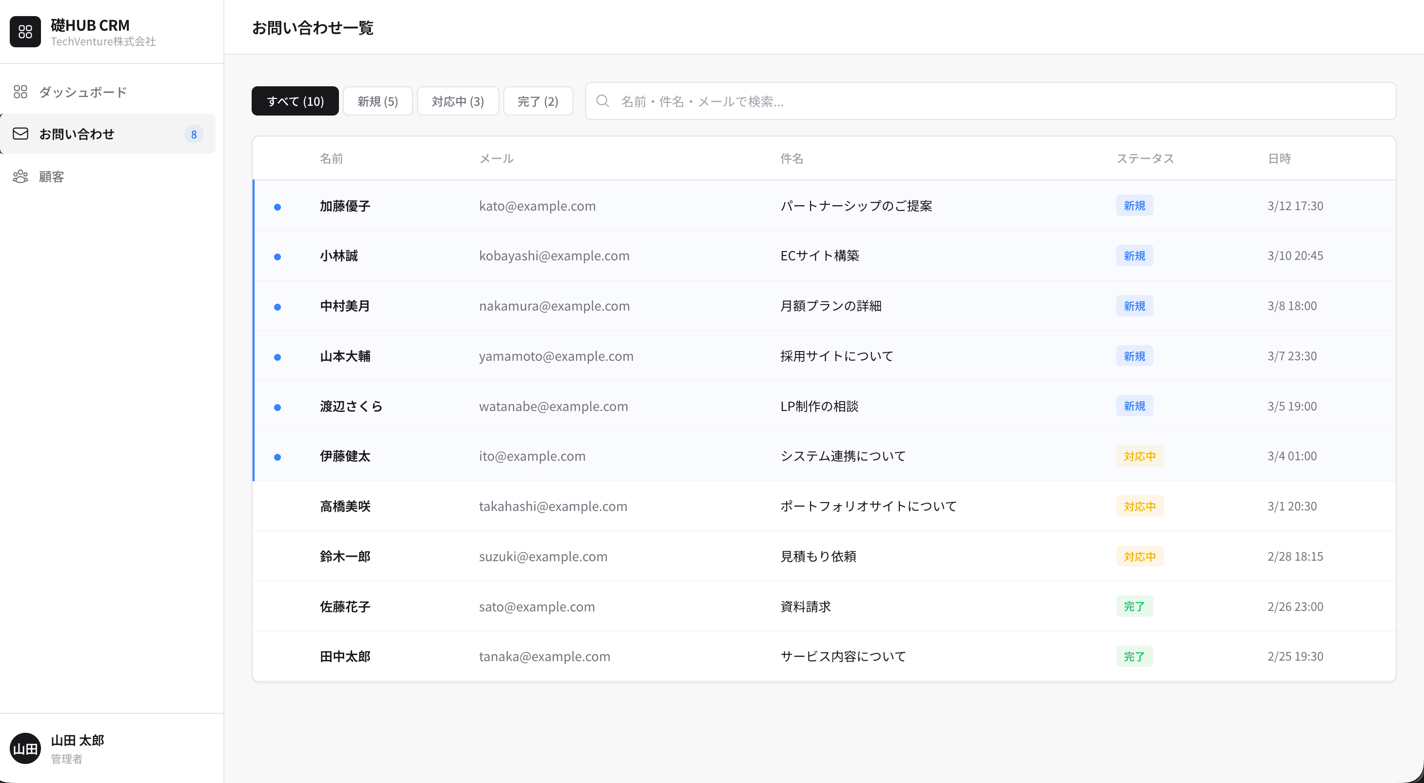 お問い合わせ管理(CRM)画面